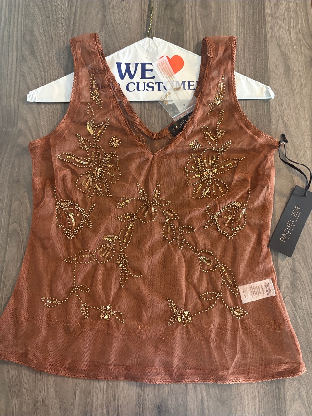 Rachel Zoe Copper Beaded V-Neck Mesh Sleeveless Top